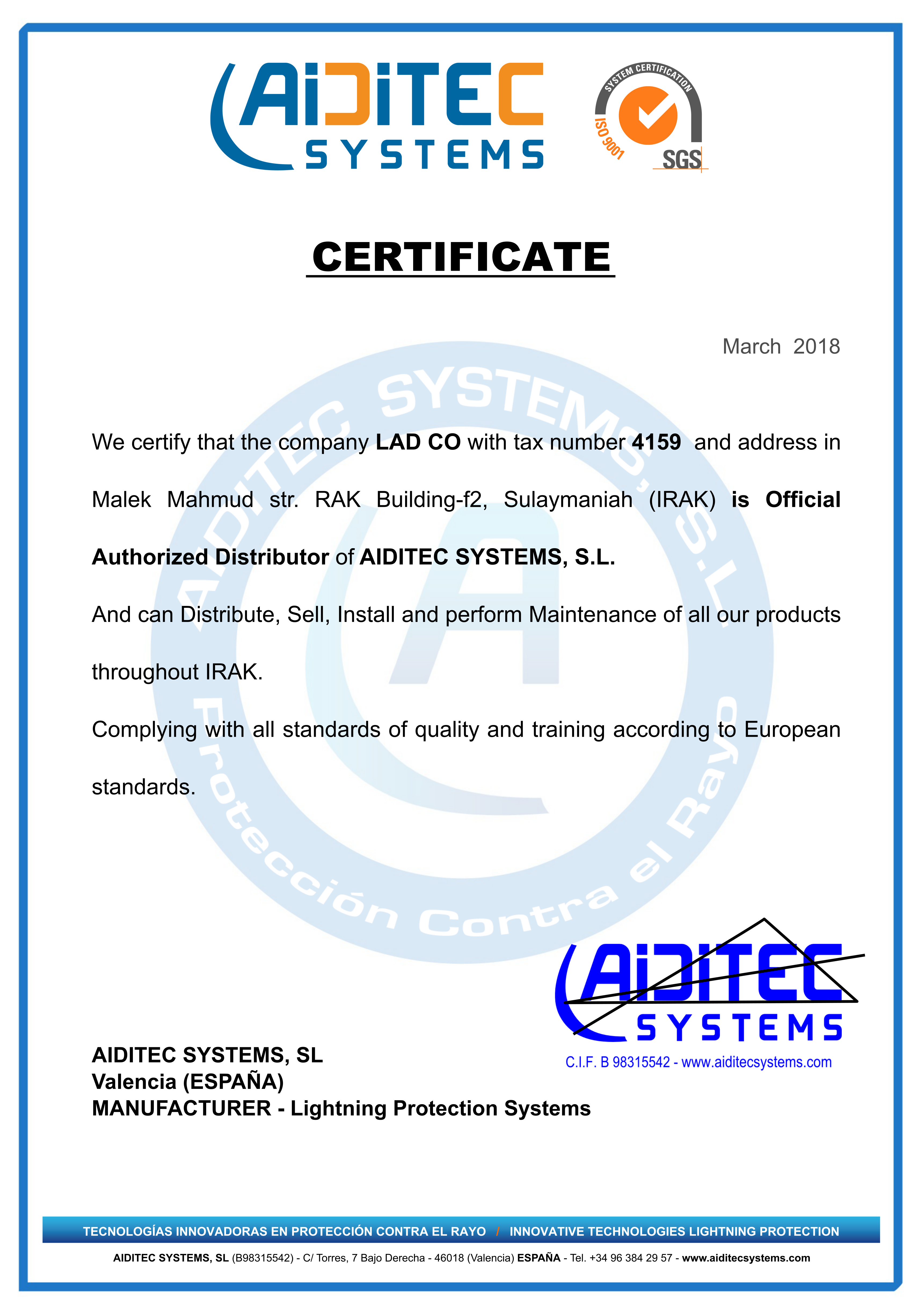 Distributor Certificate